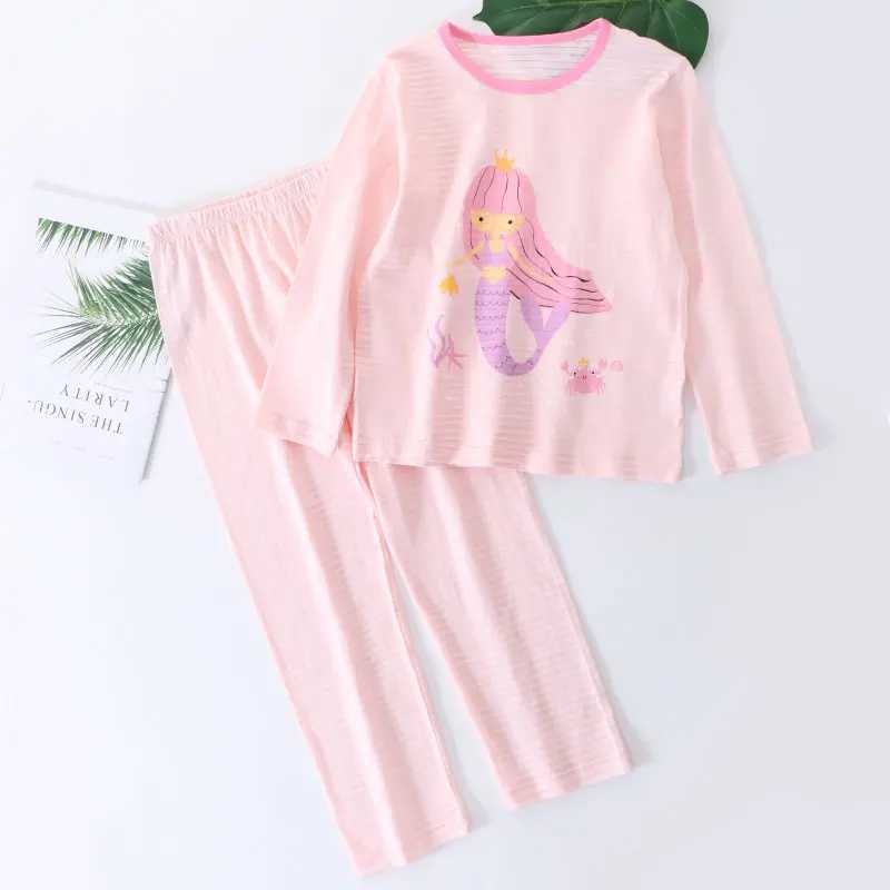 2-16 year old childrens sleepwear 100% pure cotton spring summer girls mermaid pink purple thin sleepwear set sleepwearW240716