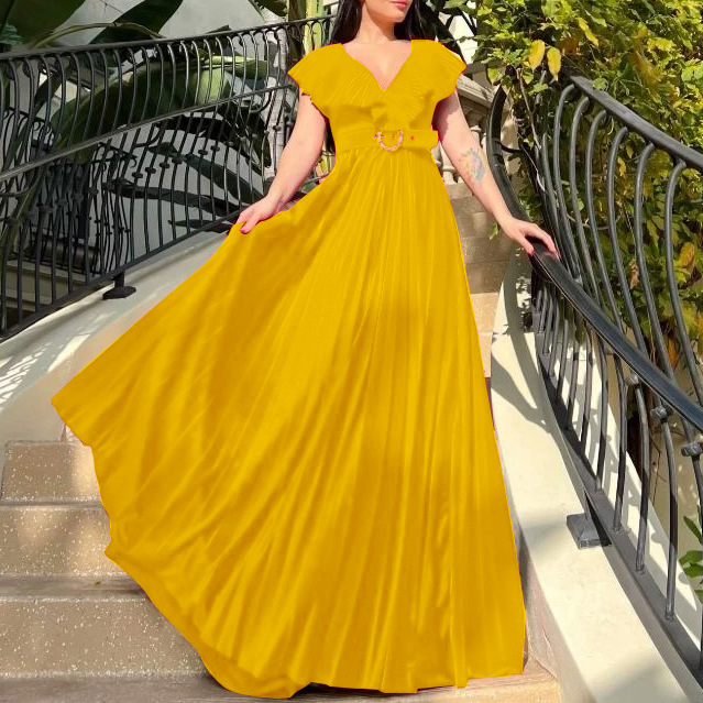 Oversized V-neck solid color pleated lotus leaf edge skirt formal dress dress
