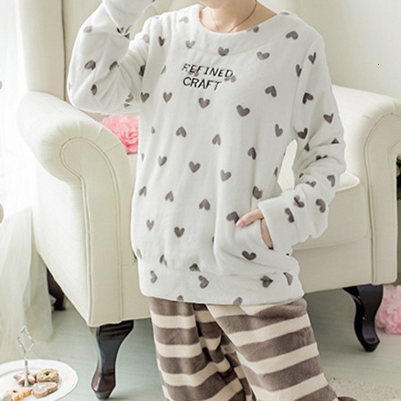 Women'S Flannel Veet Long Sleeve Thick Coral Pama Set For Autumn / Winter