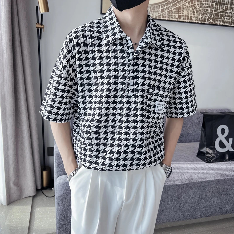 Summer Houndstooth Plaid Loose Shirts Men Hawaiian Short Sleeve Mens Social Dress Casual Beach Button Up Blouse Hommes 240716