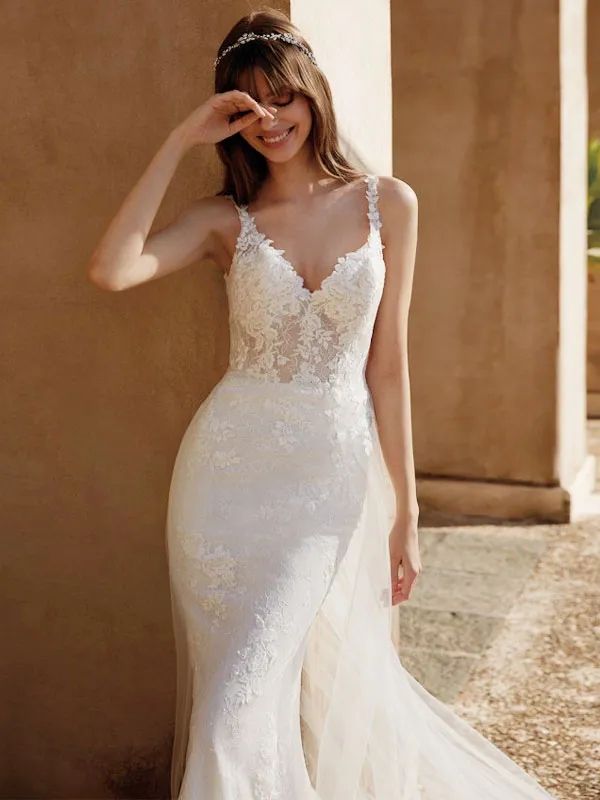 Spaghetti Straps Lace Mermaid Wedding Dresses For Women Roamantic Tulle Wrap Skirt Boho Garden Bridal Gowns Sexy Backless Bride Reception Robes de Cus