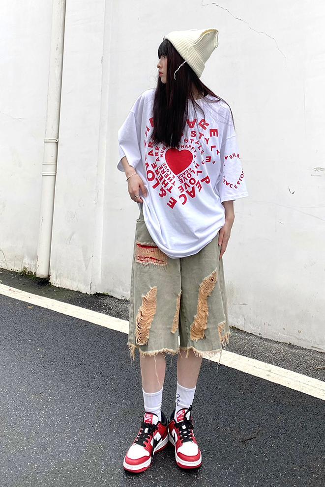 ~Trendy dressing with patch fabric, holes, casual loose denim shorts, men's and women's cropped pants