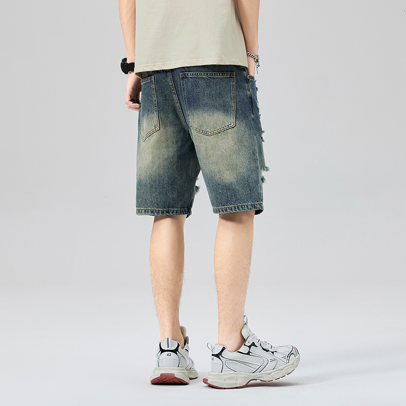 Summer fashion brand loose mid length five quarter pants, high-quality shorts, ripped jeans, men's