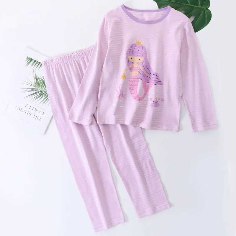 2-16 year old childrens sleepwear 100% pure cotton spring summer girls mermaid pink purple thin sleepwear set sleepwearW240716