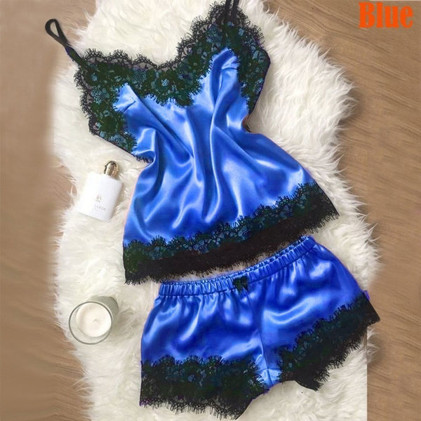 Ready Stock Women's Pama Cami Silky Lace Nightwear 2 Piece Set Lingerie Short Sleepwear