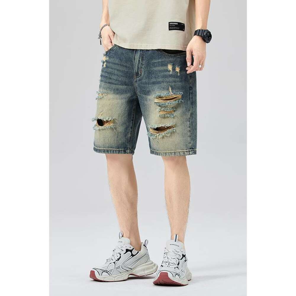 Summer fashion brand loose mid length five quarter pants, high-quality shorts, ripped jeans, men's