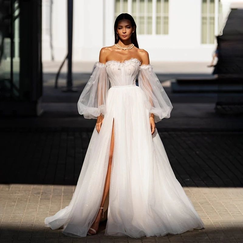 Sexy Off Shoulder Lace Applique Beach Wedding Dress Boho Side High Slit Floral Bridal Gown Sleeveless Vestidos de Novia Custom Made