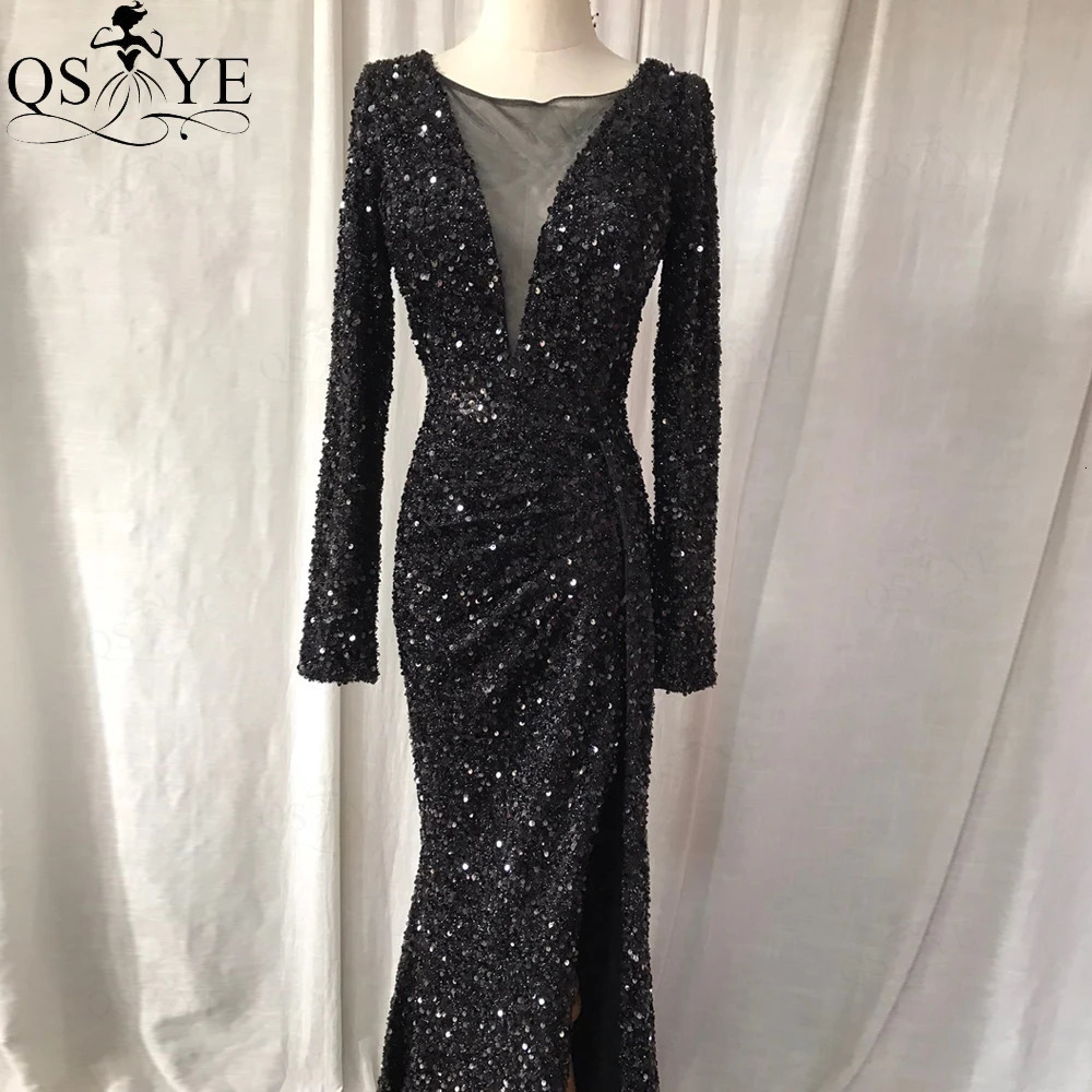 Sequin Black Evening Dresses Long Sleeves Mermaid Prom Gown ChicSexy Split Sparkle Party Dress Ruched Decent Formal Gown Glitter 240709