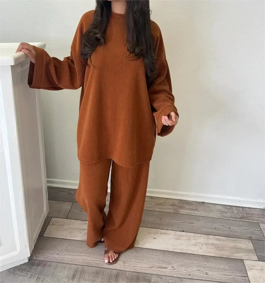 Winter Fashion Corduroy Two Piece Set Women Round Neck Long Sleeve Top Wide Leg Pants Casual Loose 240717