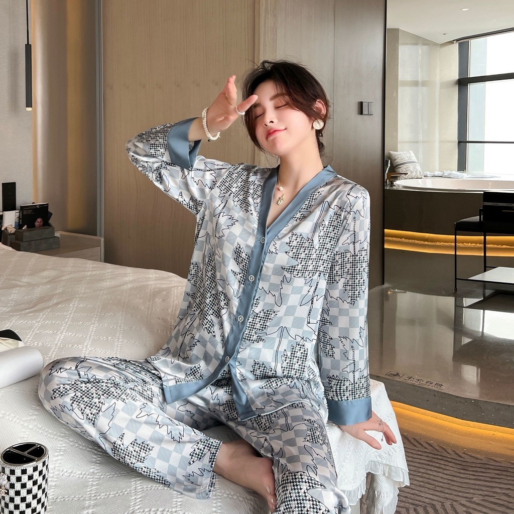 Ice Silk Pamas Women's Spring And Autumn Long Sleeved Cardigan High Quality Printing Suit Pyjamas
