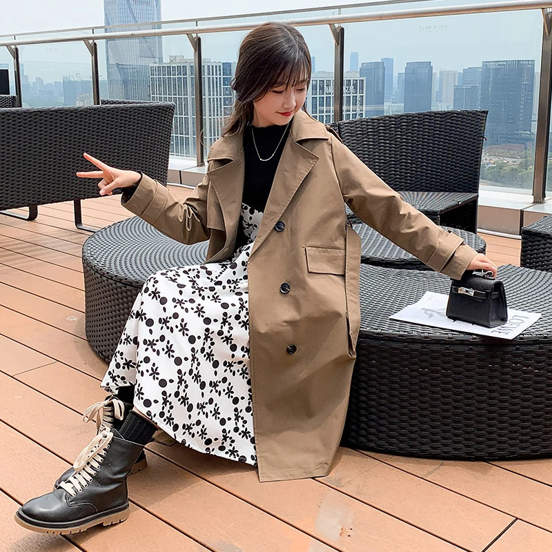 10 12 14 junior girls Long double breasted trench coat manteaux fille autumn kids coat children overcoat teen outerwear clothes 240711