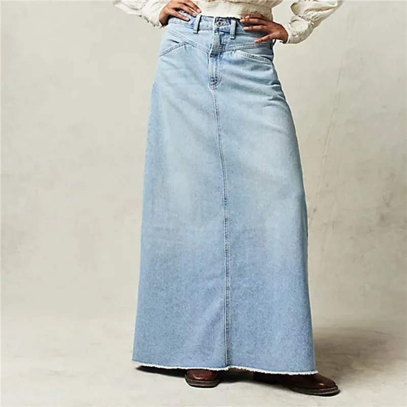 Vintage Women Denim Maxi Skirt Raw Hem A-Line Jean Skirt Casual Y2K Fashion High Waisted Long Denim Skirt with Pockets 240715