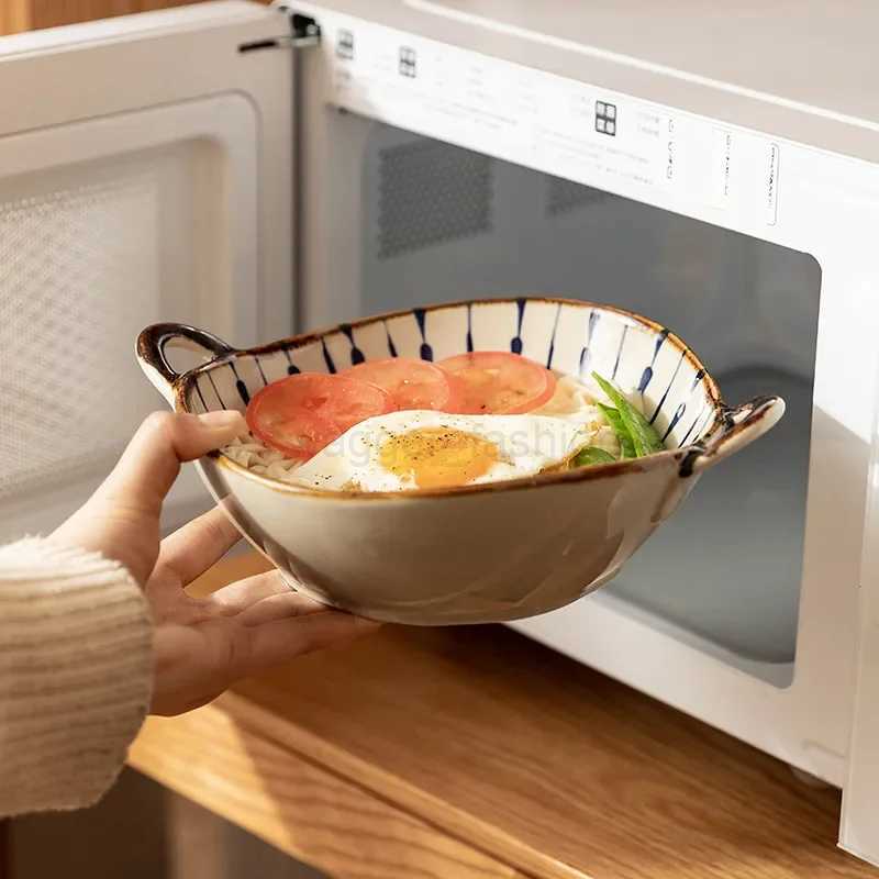 Japanese Household Noodle Bowl 7.5inch Ceramic Soup Bowl With Handle Salad Pasta Bowl Kitchen Tableware Microwave Oven BakwareB240727