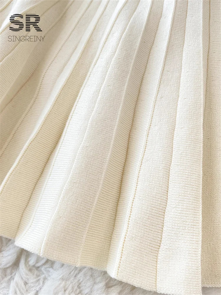 SINGREINY Elegant Knit Pleated Mini Dress Women Soft Ribbed Solid Flare Sleeve Fashion Lady Casual Sweater Slim Dresses 240712