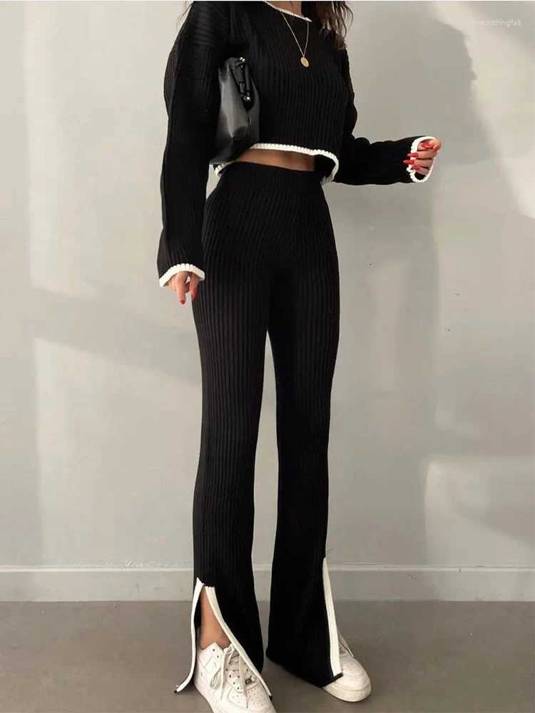 Womens Two Piece Pants Tracksuits Split Up Pullover Sweater Wide Leg Suit 2024 Autumn Casual Elegant Streetwear Color Block Knitted Women C260312