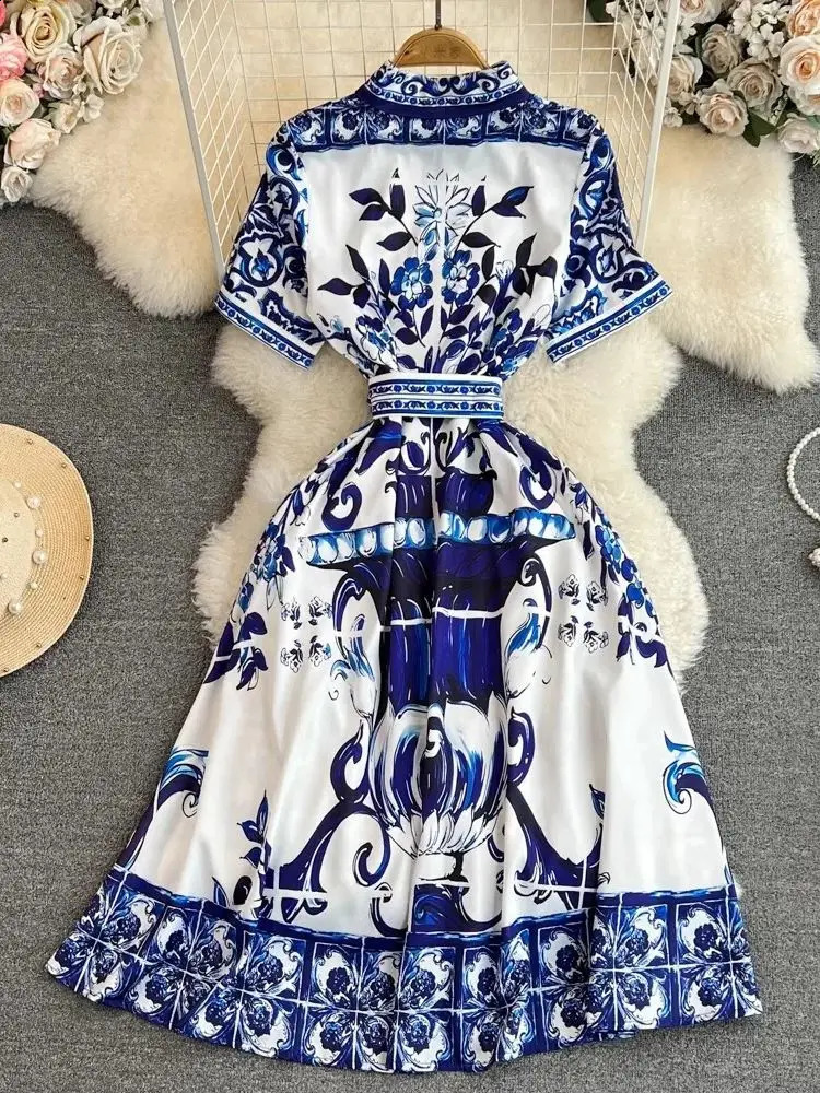 Summer Holiday Blue And White Porcelain Midi Shirt Dress Women Short Sleeve Single Breasted Lace Up Clothes Female Vestidos 240819