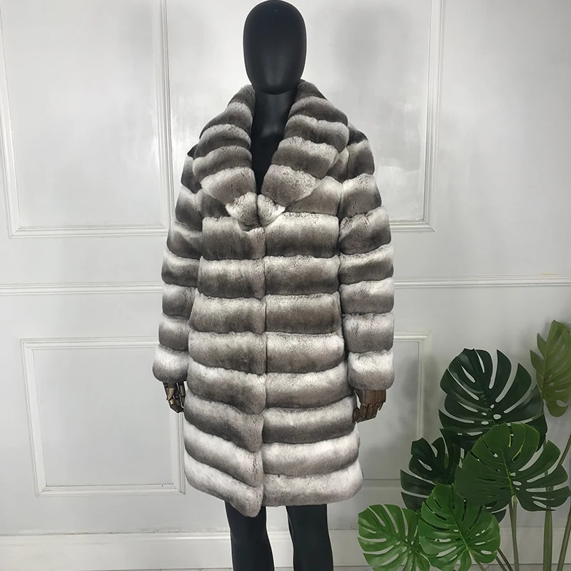Delightful Chinchilla Fur Jacket Coat Natural Rex Rabbit Fur Overcoat Women Long outwear High Fashion 240716