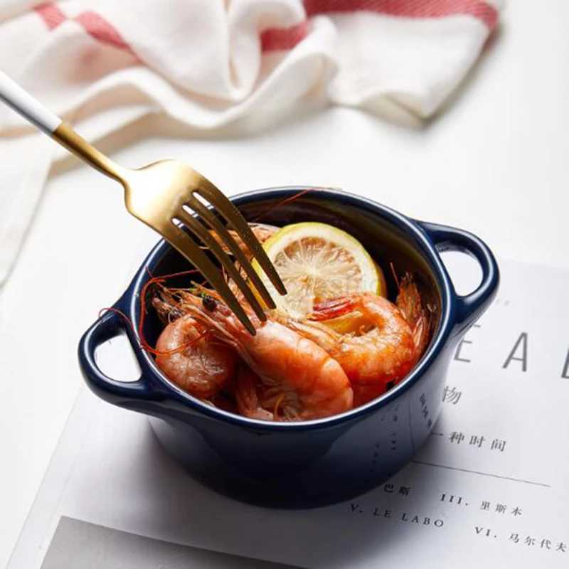 Ceramic Glazed Double Ear Bowl with Lid Microwave Oven Baking Bowl Breskfast Steamed Egg Pudding Bowl 200ml Kitchen TablewareB270723