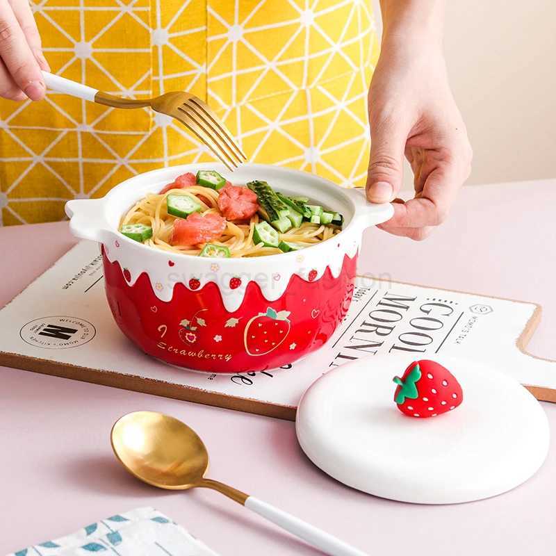 Cute Strawberry Ramen Bowl With Lid Ceramics Cute Large Fruit Instant Noodles Salad Soup Bowl Home Kitchen Tableware 700mlB270723