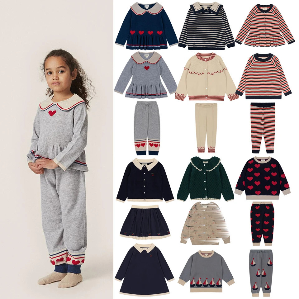 KS Children Clothes Suit Girls Embroidery Cherry Cardigan Sweater Dress Boys Knit Tops Pants Set Kids Sweatshirt Sweatpants 240713