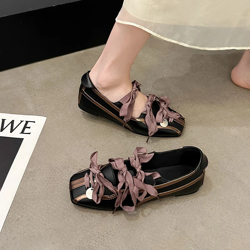 Niche Sweet Lolita Square Toe Purple Flat Ballet Trainers Womens Straps Bow Color Matching Mary Jane Shoes Sneakers Female 240711