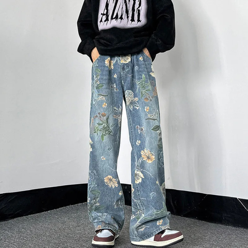 NOYMEI Mens Spring Trousers Wide Leg Pants Denim Trendy Simple Printing Straight Jean High Street All-match WA4104 240716