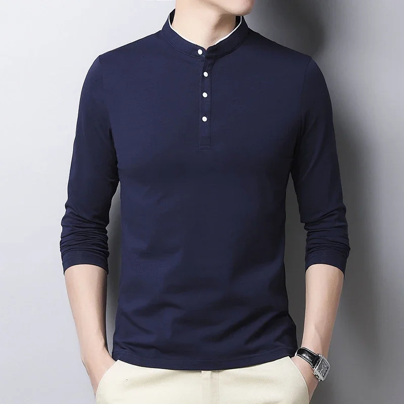 Mens Fashion Long sleeved POLO Shirt Casual Cotton Breathable Top Stand up Collar Korean Comfortable T-shirt Top 240717