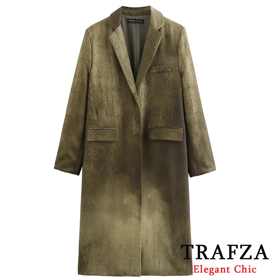 TRAFZA Elegant Vintage Tie-Dye Longer Jacket Trench Coat Women Pocket Lapel Jacket Coat Spring Fall Jacket Trench Coat 240716