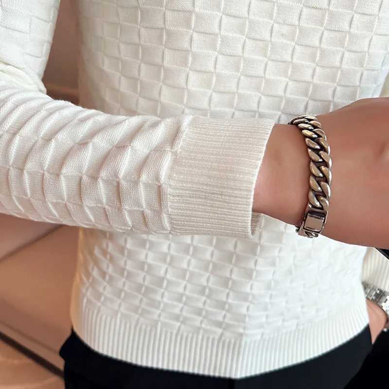 Autumn Winter Stretch Jacquard Woven O-Neck Sweater Mens Waffle Slim Fit Long Sleeve Knitted Pullovers Casual Streetwear Homme Z240912