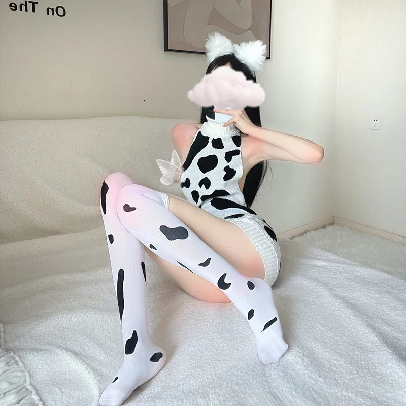 Sexy Lingerie Anime Cosplay Costumes Cow Girl Uniform Sweater Dress with Cow Print Suit Halloween Night Club Exotic Wear Women 240717