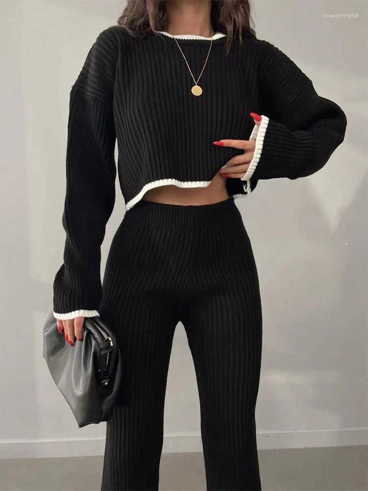 Womens Two Piece Pants Tracksuits Split Up Pullover Sweater Wide Leg Suit 2024 Autumn Casual Elegant Streetwear Color Block Knitted Women C260312