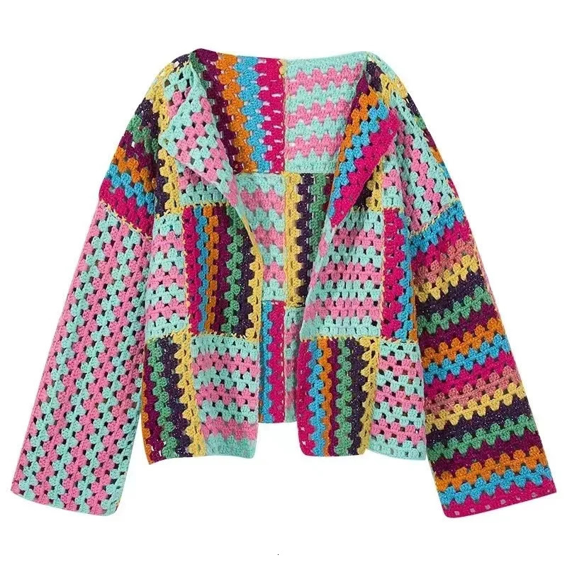Colorful Knit Stitch Hollow Out Cardigan Oversize Women Open Front Long Sleeve Bohemian Sweater Fall Streetwear Coats T310 240717
