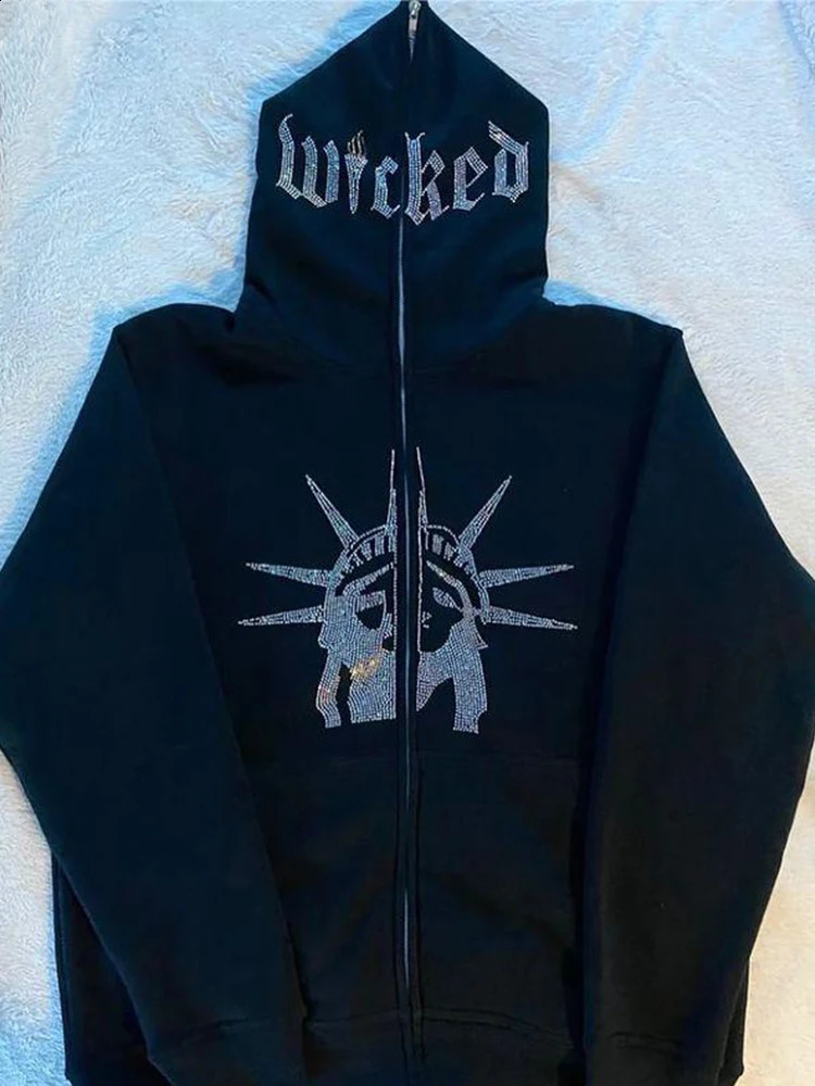 Y2K Creative pattern Rhinestone Hoodies Women Men Gothic Zip Up Oversized Sweatshirts Retro Harajuku Hooded Jacket Streetwear 240722