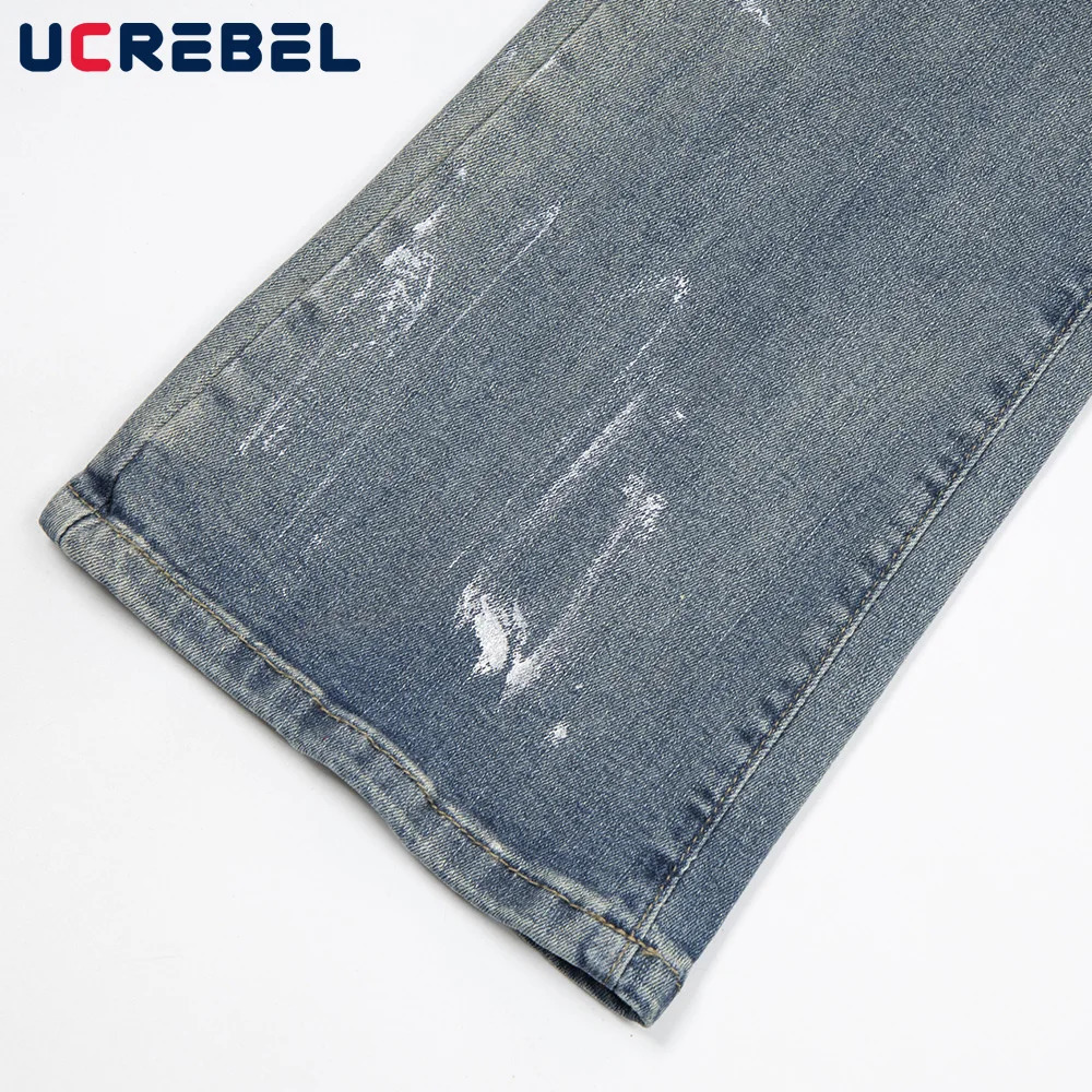 Letter Print Washed Distressed Jeans Mens Graffiti High Street Pocket Loose Denim Flare Pants Men Trousers 240716