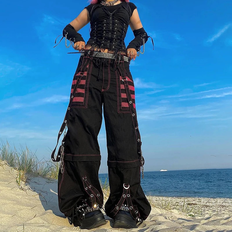 Gothic Women Punk Cargo Pants Wide Straight Leg Pants Grunge Hippie Baggy Trousers Y2k Academic Dark Clothes Streetwear 240717