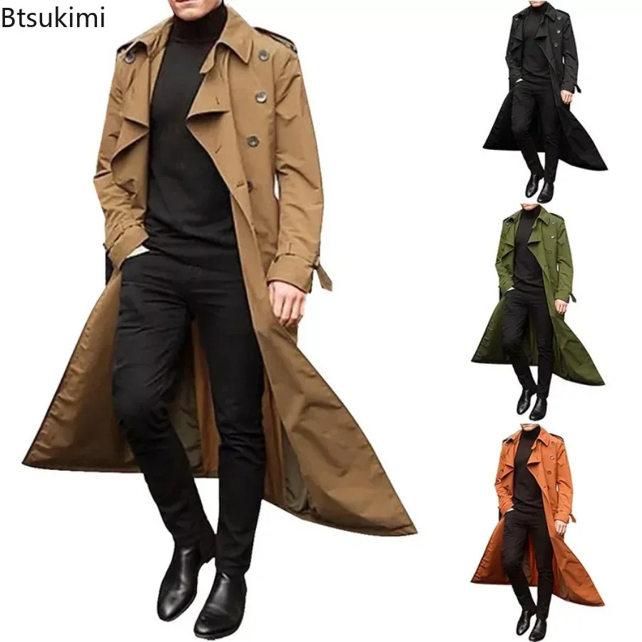 Mens Overcoat Vintage Long Trench Jacket Coats Mens Business Party Casual Long Solid Windbreak Outwear Mens Clothing 240716