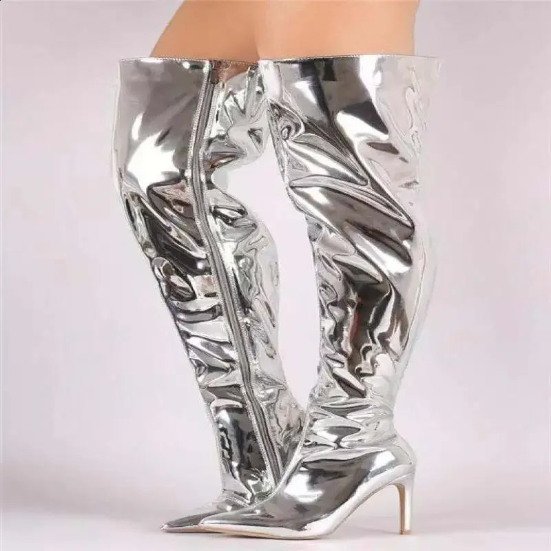 Women Boots Mirror Platform Pointy Toe Punk High Thin Heels Over The Knee Long Autumn Winter Zip Silver Casual Party Shoes 240718
