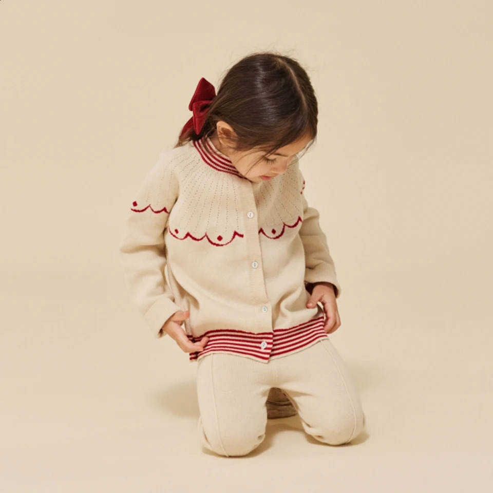 KS Children Clothes Suit Girls Embroidery Cherry Cardigan Sweater Dress Boys Knit Tops Pants Set Kids Sweatshirt Sweatpants 240713