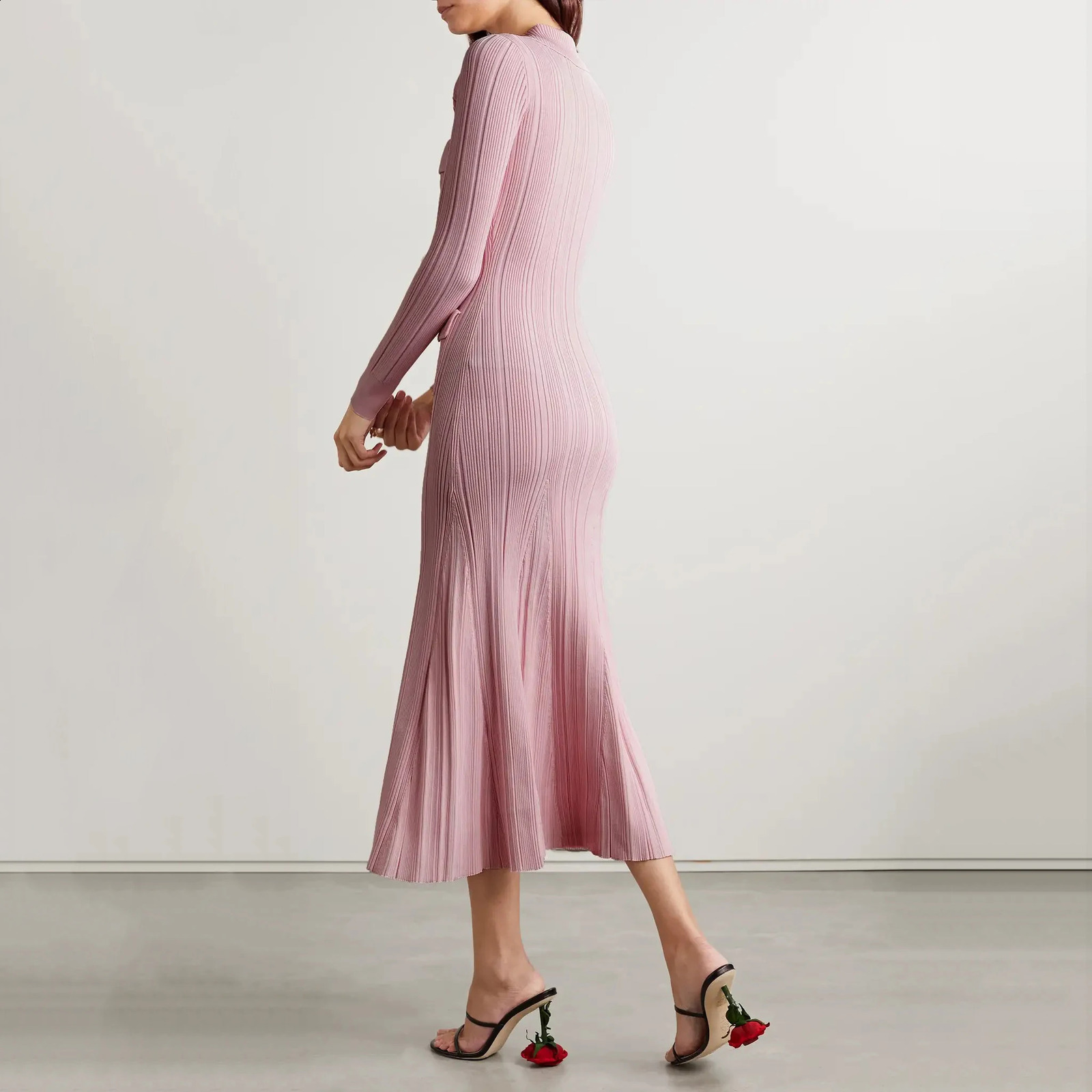 Womens pink knitted medium-length dress senior sense of fashion temperament polo collar waist-skimming long dress 240722