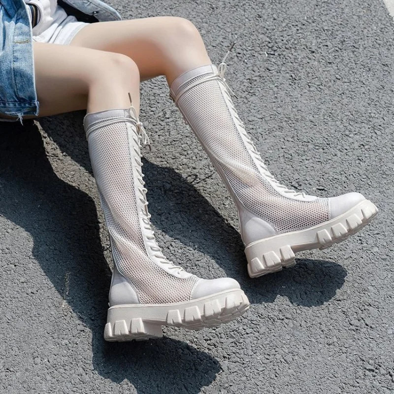 Summer Boots Women Chunky Heel Knee-length Platform Woman Female Round Toe Zipper Sandals Mesh Ladies Fashion Comfort Shoes 250418