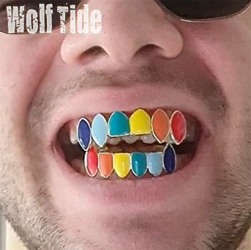 New Gold Plated Mixed Color Vampire Up Single Teeth Grills Bottom Hip Hop Fang Grillz Halloween Dental Tooth Cap Decoration Wolf Tide Body Piercing Je