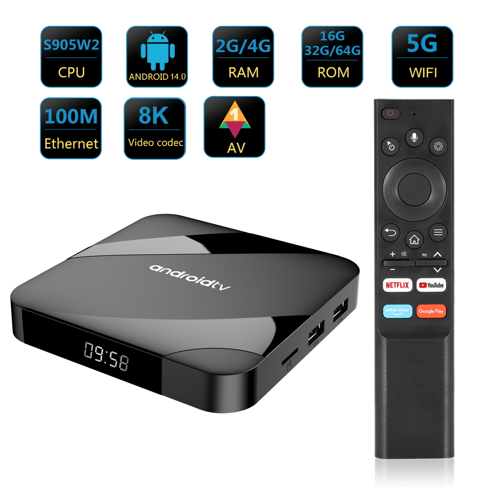 TV98 ATV Smart TV Box Android 14 Amlogic S905W2 4G 5G Dual Wifi BT 5.0 8K HD Media Player 2GB 16GB 4GB 64GB voice control Set Top Box