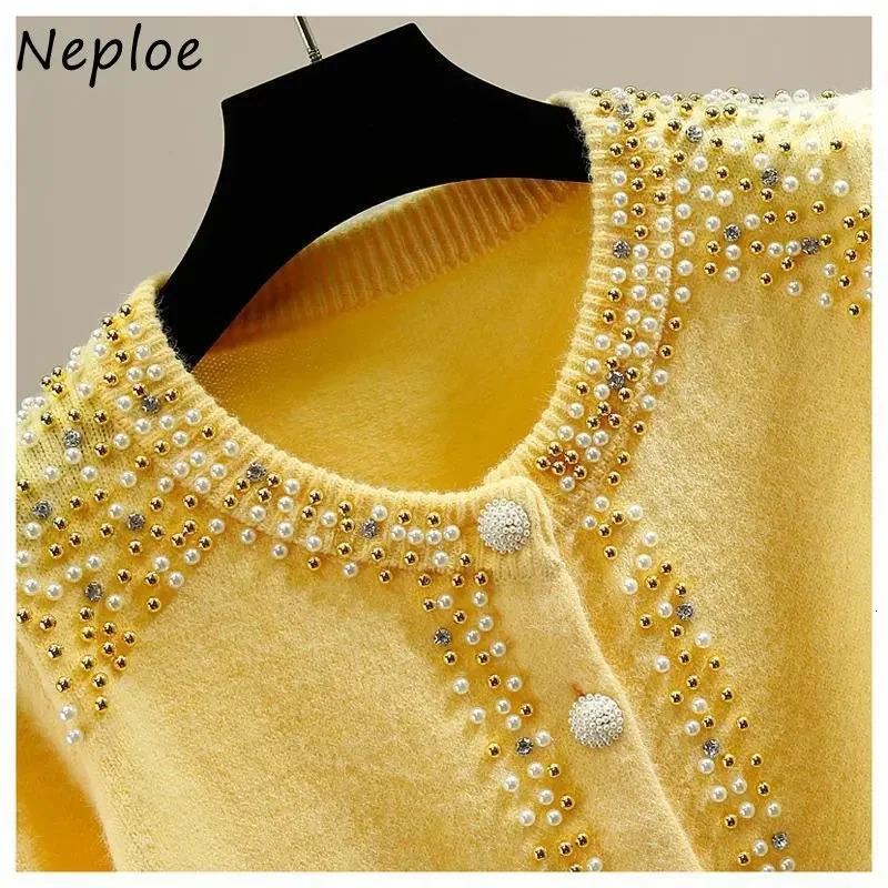 Neploe O Neck Beading Diamonds Outerwear Autumn Solid Color Long Sleeve Single-breasted Sweater Y2k Clothes Cardigan Women 240717