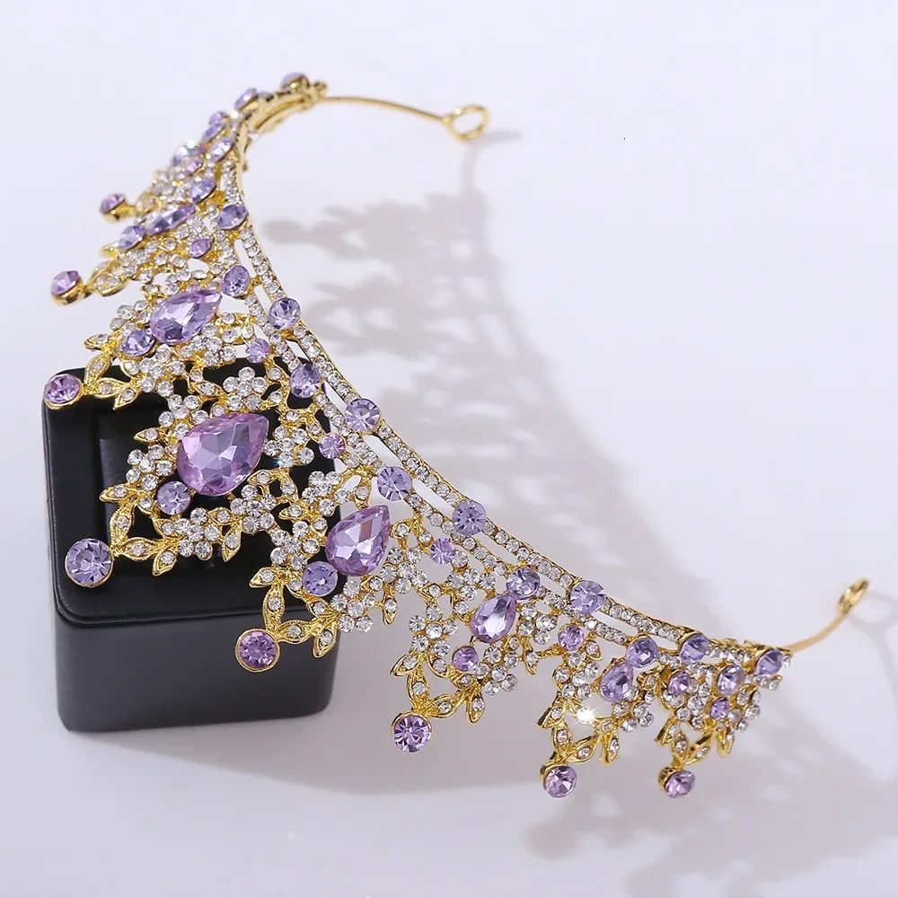 Silver Color Purple Crystal Crowns Bridal Tiaras Fashion Queen Rhinestone Diadem Headpiece Wedding Hair Jewelry Accessories Gift 240713