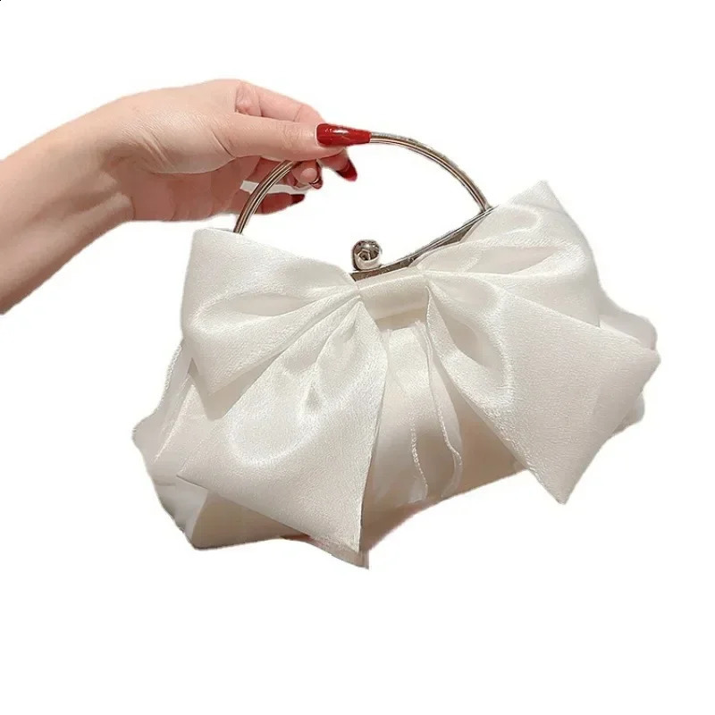 White Satin Bow Fairy Evening Bags Clutch Metal Handle Handbags for Women Wedding Party Bridal Clutches Purse Chain Shoulder Bag 240907Z