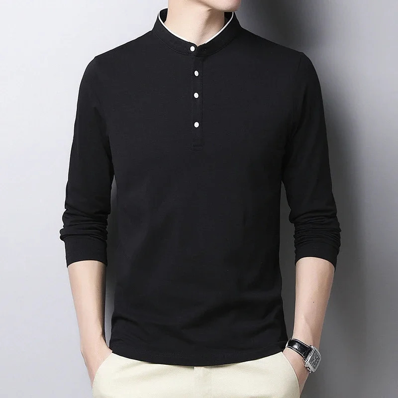 Mens Fashion Long sleeved POLO Shirt Casual Cotton Breathable Top Stand up Collar Korean Comfortable T-shirt Top 240717