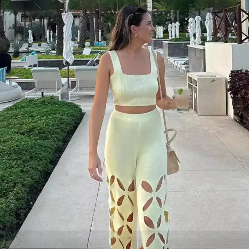 2024 Hollow Pants Set Womens Top Sexy Knitted Short Wide Street Clothing 240717