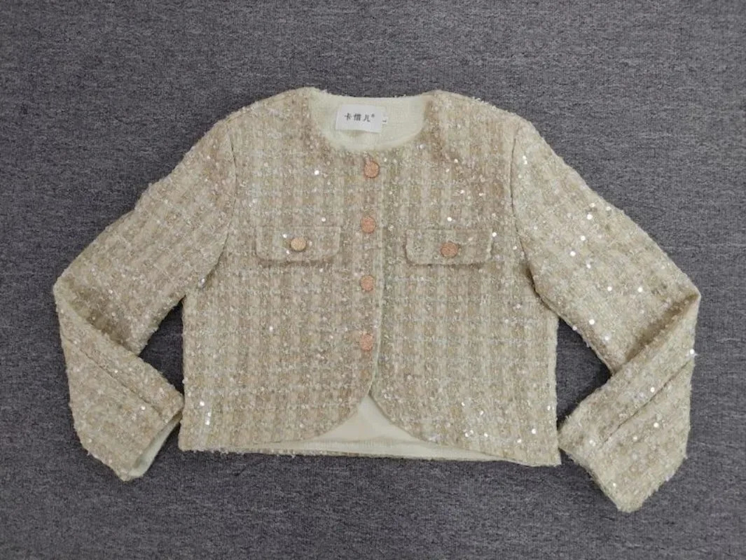 Temperament Sequin Coarse Tweed Jacket Women Korean Fashion Round Neck Single Breasted Celebrity Spring Chic Gentle Sweet Coat 240712