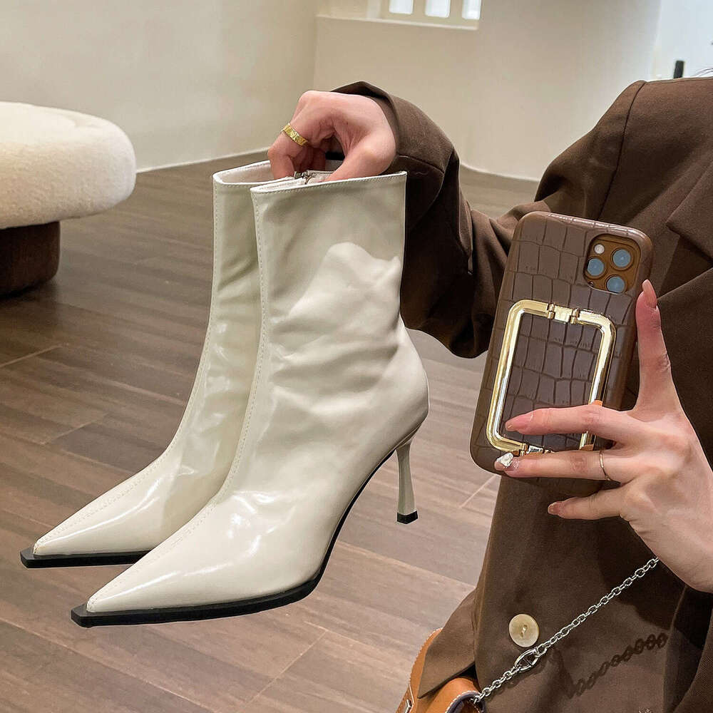 New Style High Heel Shoes with Pointed Short Boots, Lacquer Leather Slimming Boots