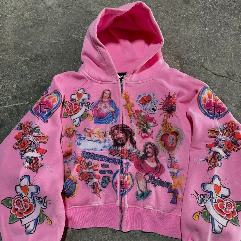 Y2k aesthetic fashion classic niche baggy sweatshirts Geometric flower gothic rock oversized cardigan hoodies for womens 240722